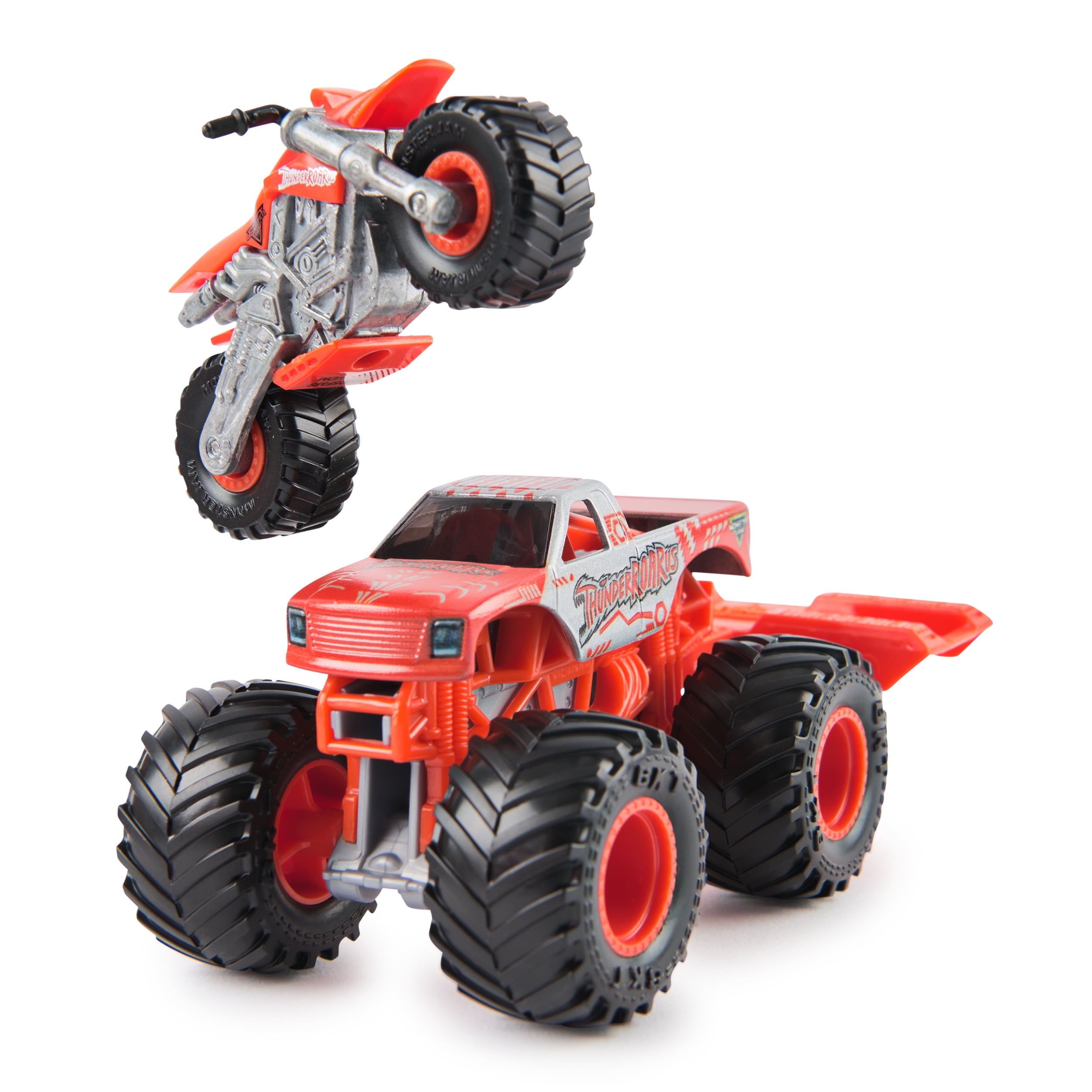 Monster Jam, Monster truck et moto tout-terrain ThunderROARus officiels, coffret de 2 véhicules avec accessoire, échelle 1:64, jouets pour garçons et filles, à partir de 3 ans