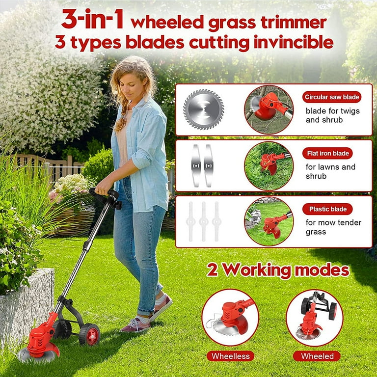  Electric Weed Eater Cordless Weed Wacker Battery Operated,24 V Weed  Trimmer Weed Wacker with 3 Function Blades with Wheels,Adjustable Handle  Grass Trimmer Cutter Lawn Mower Edger Tool for Yard Garden 