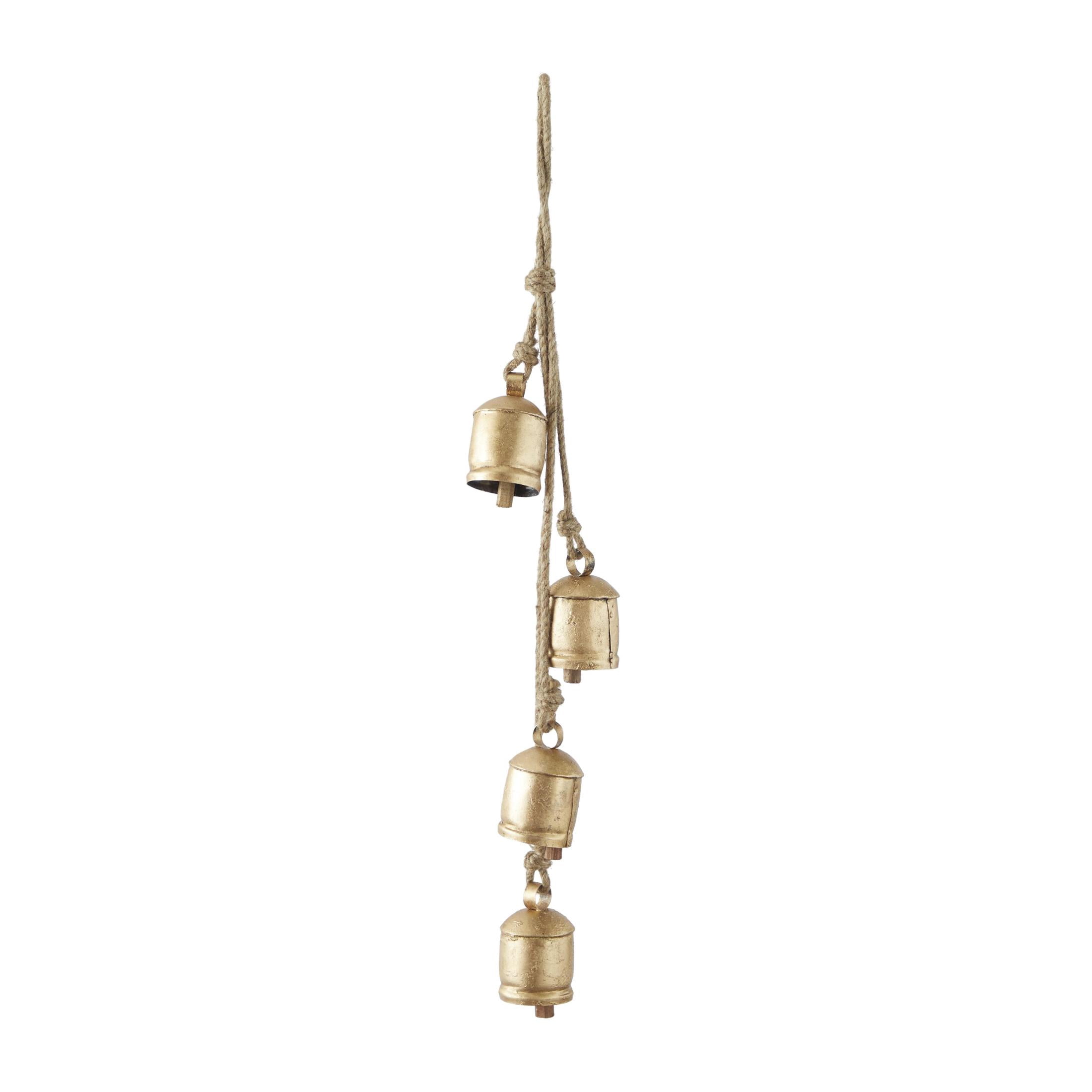 DecMode Tibetan Inspired Cascading Gold Metal Cylindrical Decorative Cow Bells with 4 Bells on Jute Hanging Rope
