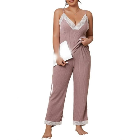 

Dusty Pink Elegant Colorblock Spaghetti Strap Pant Sets Sleeveless Plus Size Pajama Sets (Women s Plus)