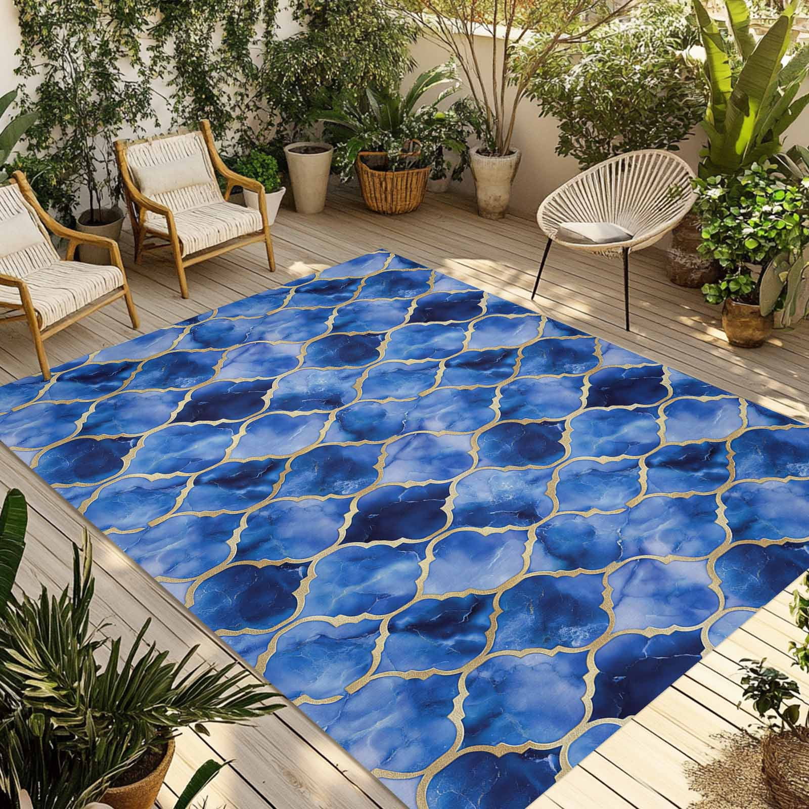 Outdoor Rug 3x5 ft Peacock Blue White Marble Outdoor Large Area Rug Non Slip Rubber Lattice Modern Art Front Door Mat RV Rug Camping Carpet Patio Outdoor Rugs for Backyard Balcony Deck Porch Indoor