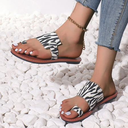 

Ediodpoh Ladies Summer Beach Flat Casual Colour Block Printed Over Toe Large Size Sandals Womens Sandals White 8(40)
