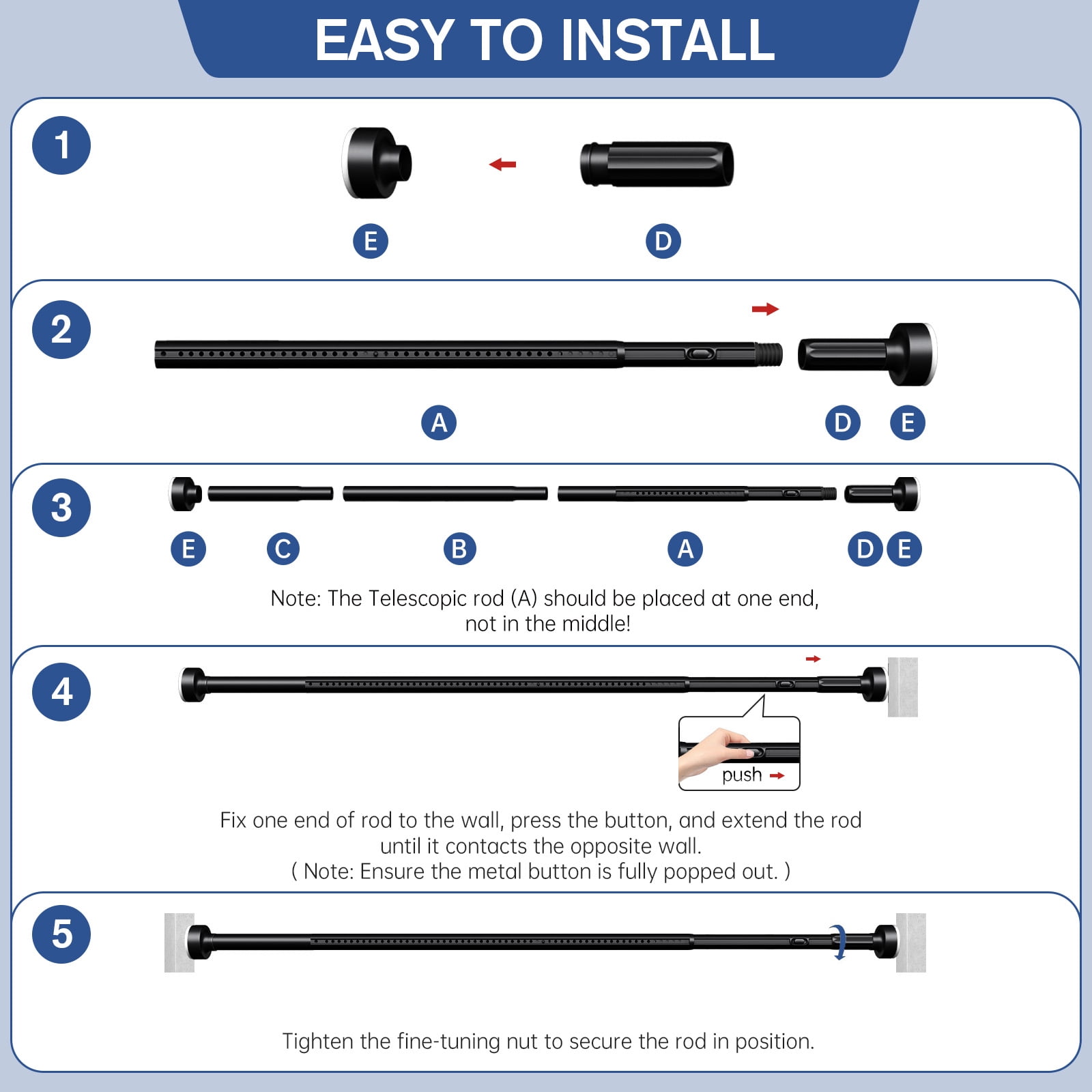GIRACOA One-Push Tension Curtain Rod, 39-173 Inches Extra Long No Drill Adjustable Spring Rod, Heavy Duty 370 lbs Support, Rustproof Steel for Patio Outdoor Bathroom Window, Matte Black