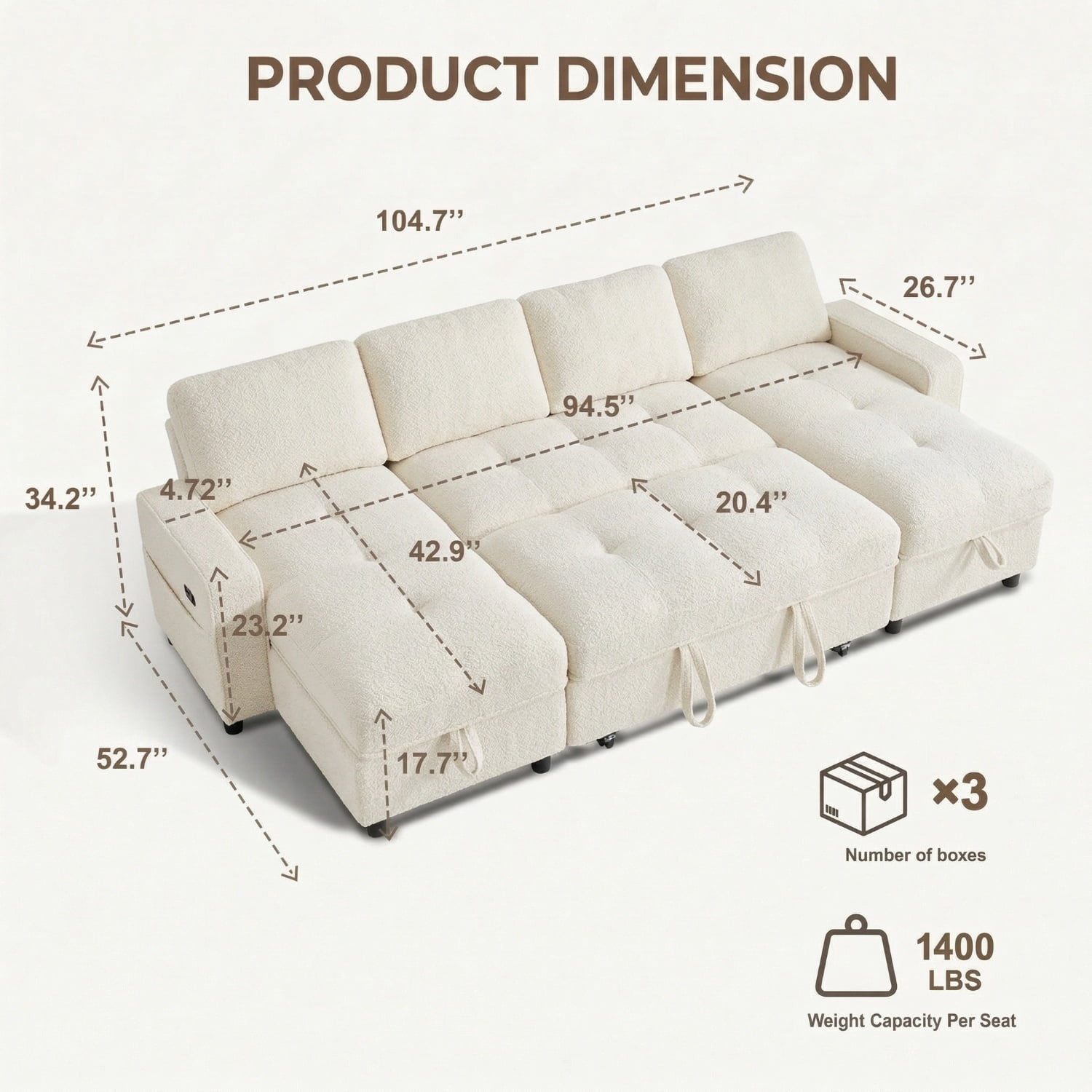 104" U-Shaped Sectional Sleeper Sofa Bed with Pull Out Couch, Large Chenille Sofa with Double Chaises and USB Ports, Creamy Beige