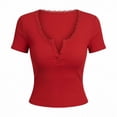 thumbnail image 5 of SAWOBUUN Women Short Sleeve Button up Ribbed Top V Neck Lace Trim Casual Slim Summer T Shirt, 5 of 5
