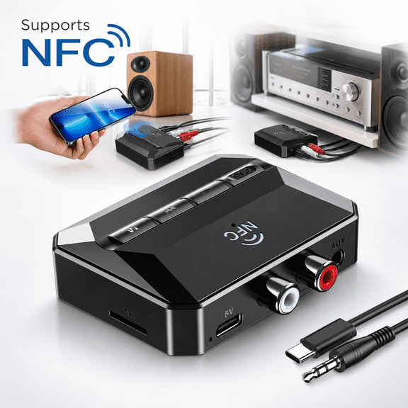 5.3 Bluetooth Receiver for Home Stereo, Bluetooth to RCA Adapter for Stereo Receivers AUX Bluetooth Adapter, NFC-Enabled Bluetooth RCA Audio Adapter, Support USB Drive/TF Card Play Music