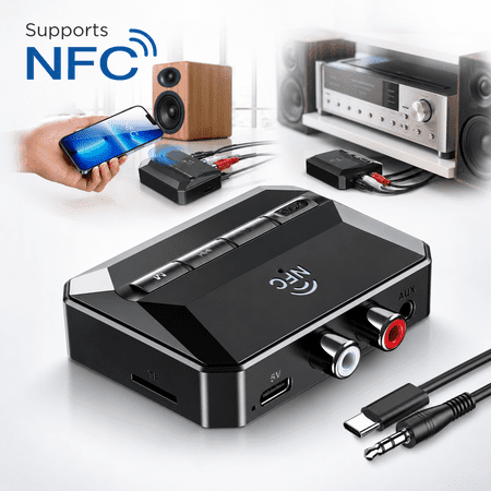 5.3 Bluetooth Receiver for Home Stereo, Bluetooth to RCA Adapter for Stereo Receivers AUX Bluetooth Adapter, NFC-Enabled Bluetooth RCA Audio Adapter, Support USB Drive/TF Card Play Music