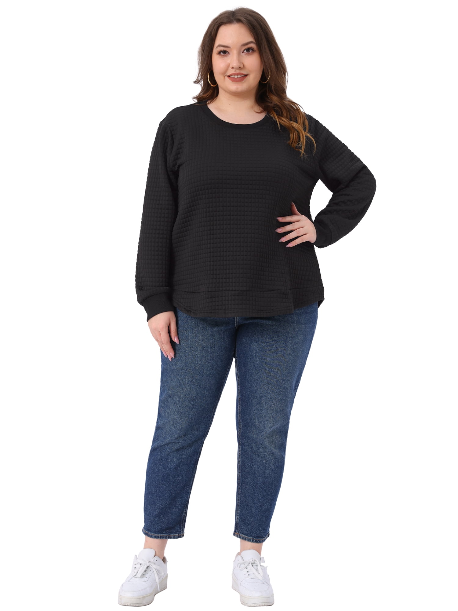 DARING DIVA Women's Plus Round Neck Long Sleeve Casual Pullover Blouse 5X Black