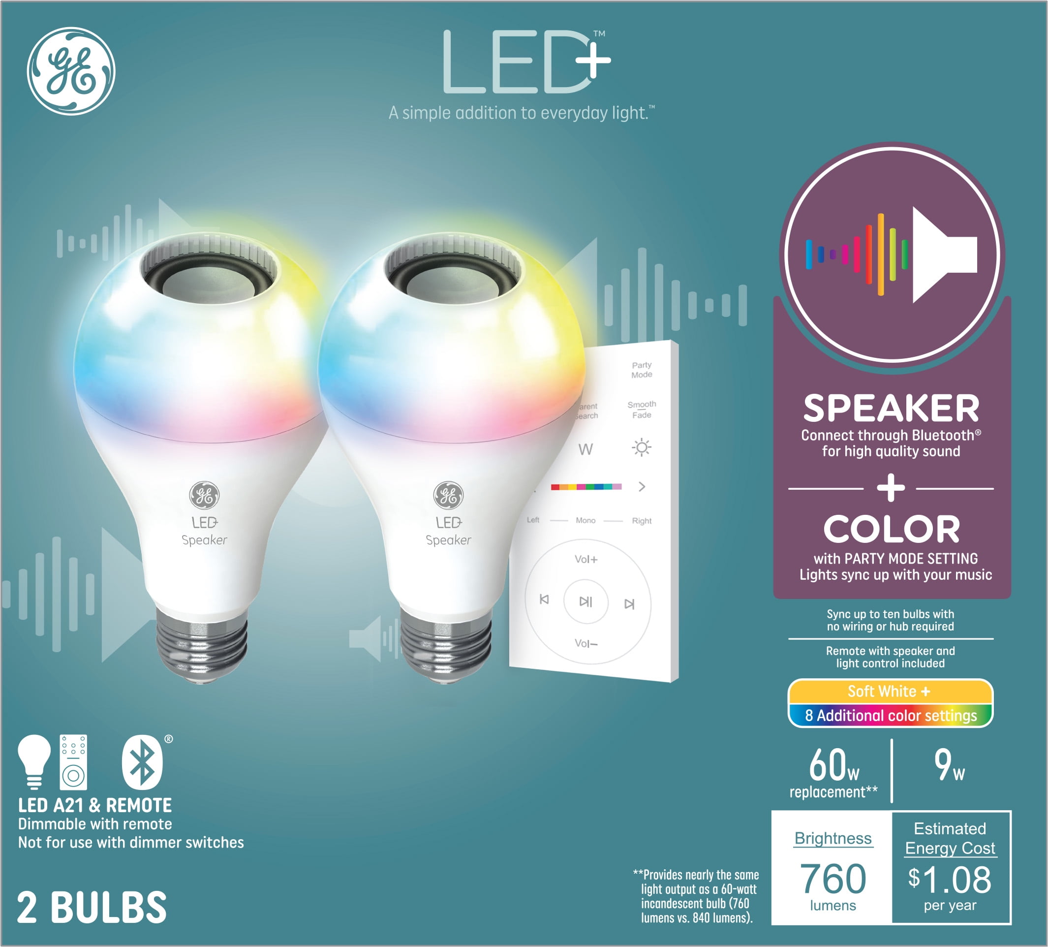 GE LED+ Color Changing Speaker Light Bluetooth Speaker Bulb, A21 LED Light Bulb, 9 Watts, 2pk - Walmart.com