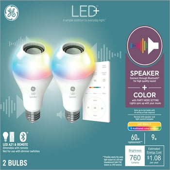GE LED+ Color Changing Speaker Light Bulbs, Bluetooth Speaker Bulb, A21 LED Light Bulb, 9 Watts, 2pk