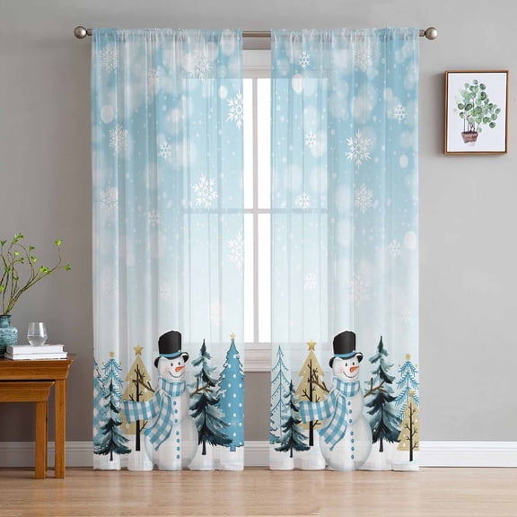 Blue Christmas Snowman Sheer Curtains 84 Inches Long, Xmas Trees Winter Snowflake Light Filtering Window Curtains for Living Room/Bedroom, Rod Pocket Voile Sheer Curtain Drapes, 52"W x 84"L, 2 Panels