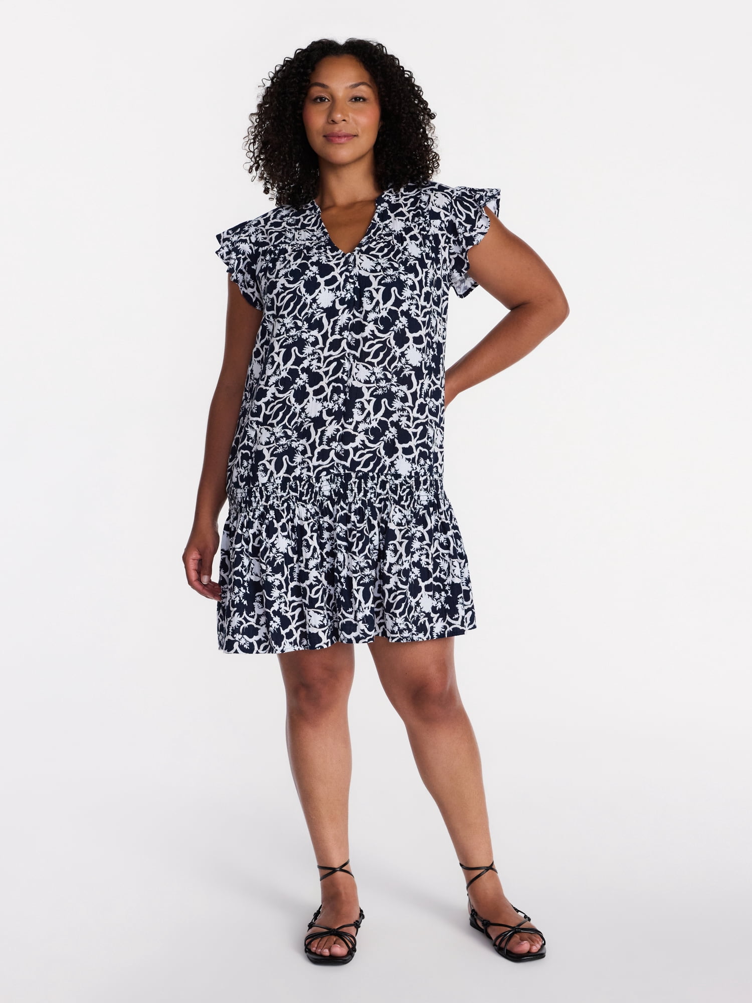 Time and Tru Women's Double Cloth Mini Dress with Flutter Sleeves, Sizes XS-XXXL