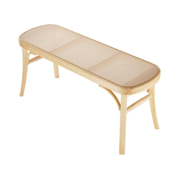 Rattan Bench 43.3", Wooden Entryway Bench, Boho Bed End Bench, Oak Wood Legs, Living Room Kitchen, Handwoven Rattan Seat