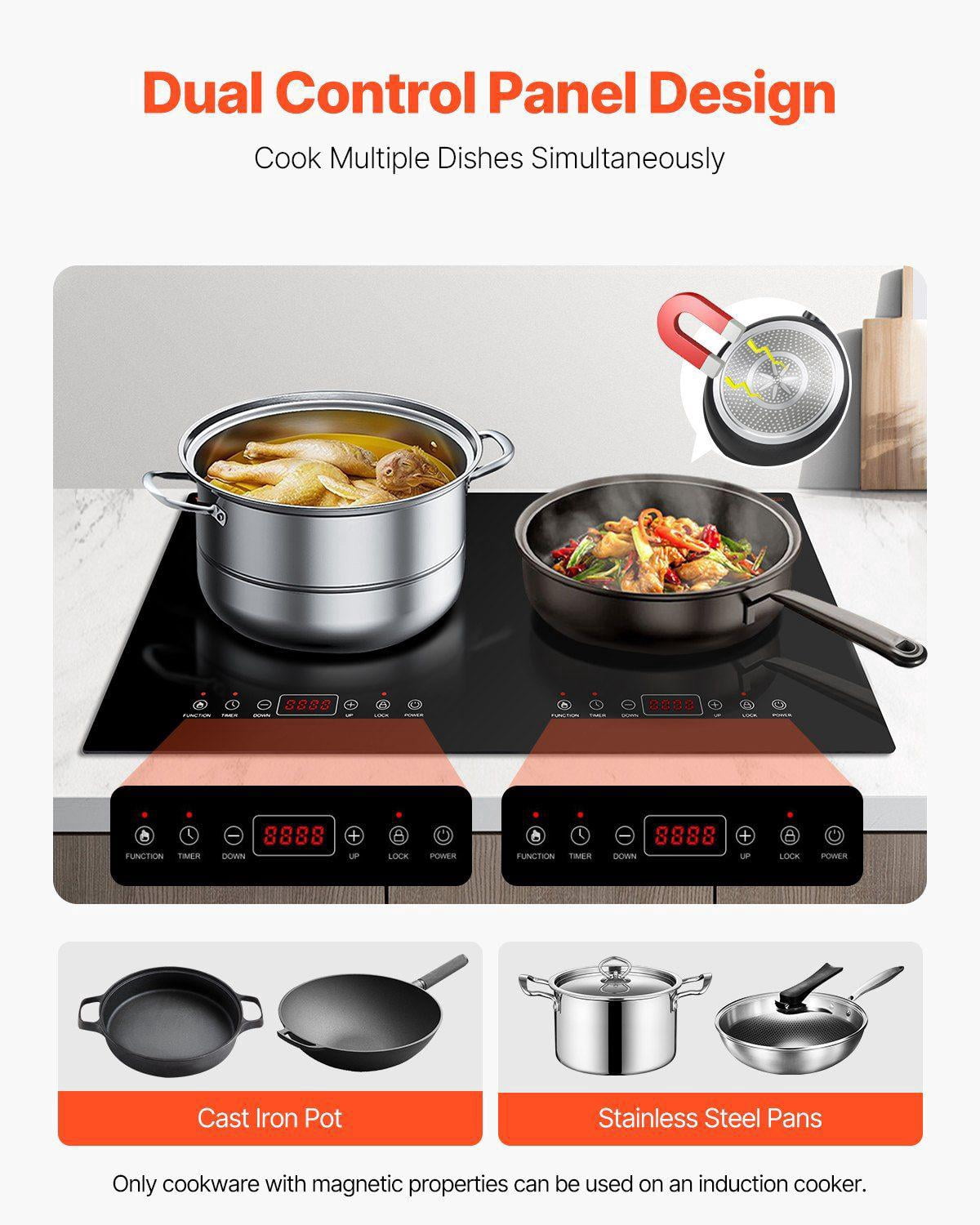1800W Double Induction Cooktop with Touch Control 9 Power Settings Child Safety Lock Timer Glass Surface