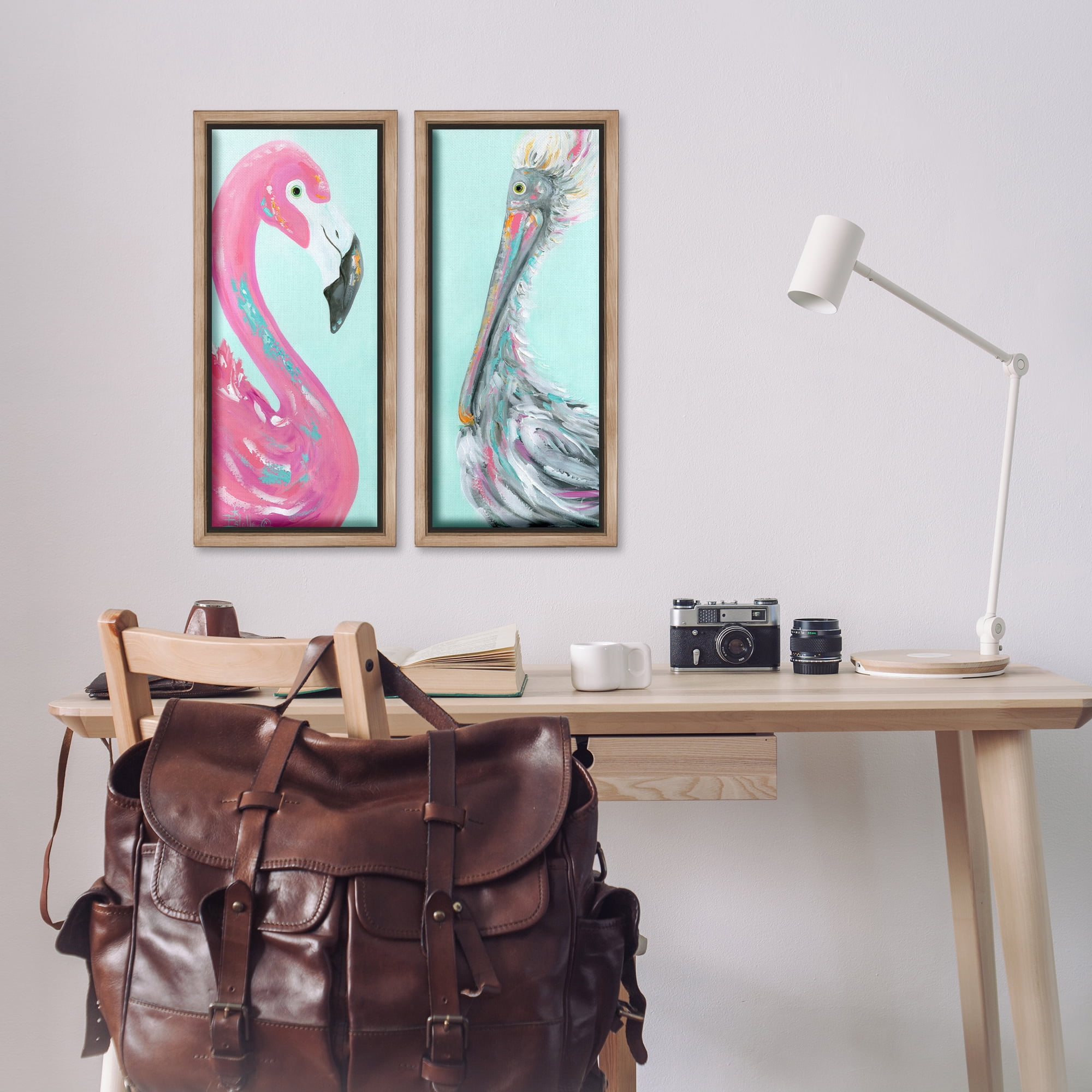 Stupell Industries Odd Flamingo Pelican Profile Animals Painting Brown Floater Framed Canvas Art Print Wall Art, 11 x 25, Set of 2