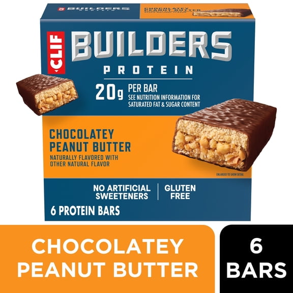 CLIF BUILDERS Protein Bars Chocolatey Peanut Butter Flavor, Plant Protein, Gluten Free Bars, 6ct