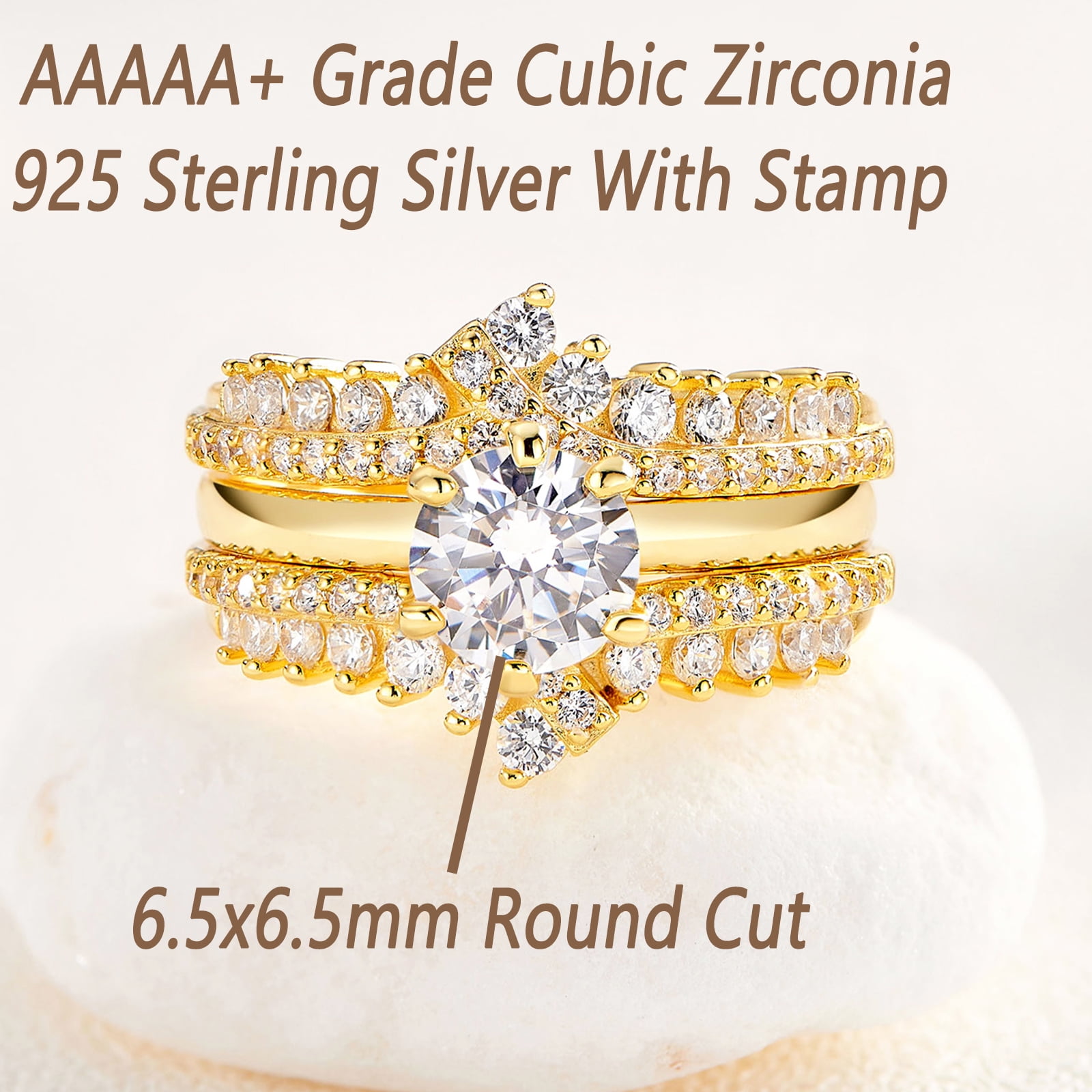 Newshe Jewellery Wedding Rings for Women Ring Enhancer Band Bridal Set Sterling Silver Yellow Gold Plated Cz Size 5.5