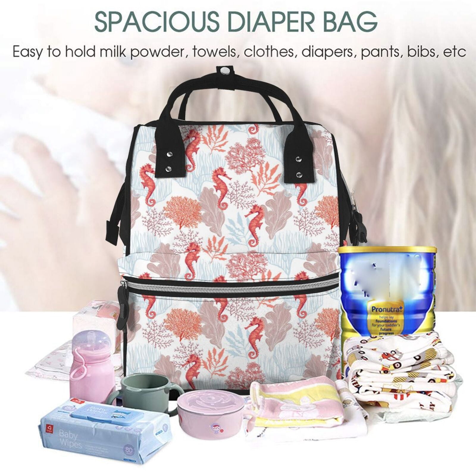 Ratiio Tropical Corals Seahorse Mummy Backpack - Waterproof Twill Canvas, Large Capacity Diaper Bag with Multiple Pockets and Adjustable Straps
