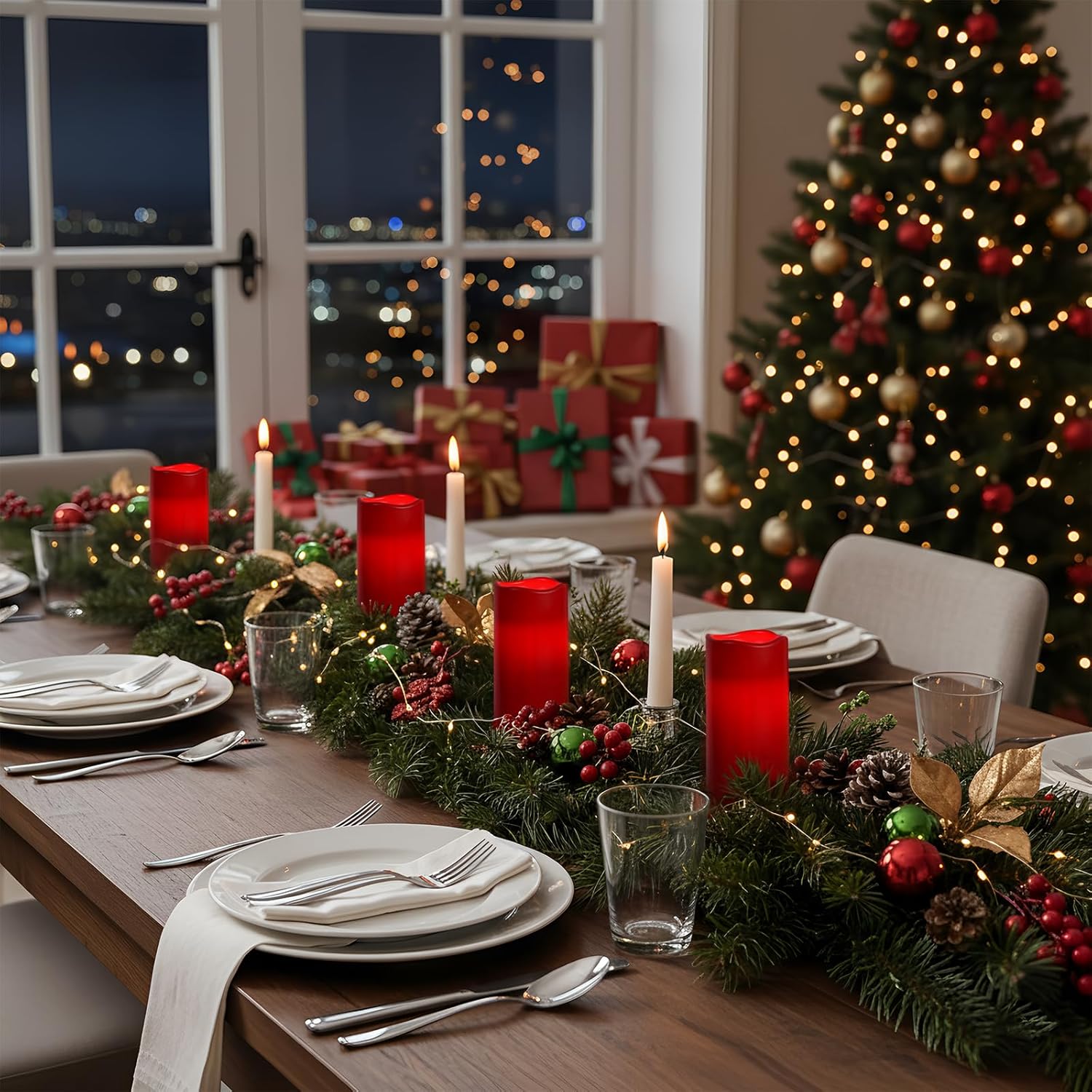 3"x6" Red Flameless Candles with Remote, Christmas Candles Battery Operated with Timer, Waterproof LED Pillar Candles for Thanksgiving Table, Home, Outdoor Decor, Plastic, Set of 6
