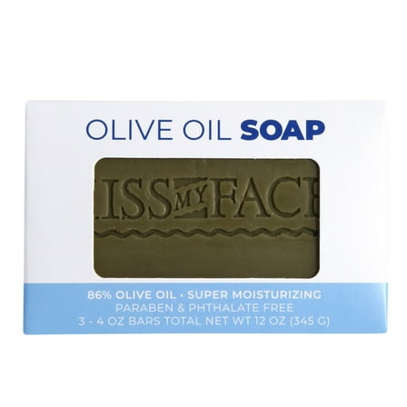 Kiss My Face Pure Olive Oil Bar Soap, Fragrance Free, 86% Olive Oil, Super Moisturizing, Made from Greek Olive Oil, 4 oz, 3 Pack