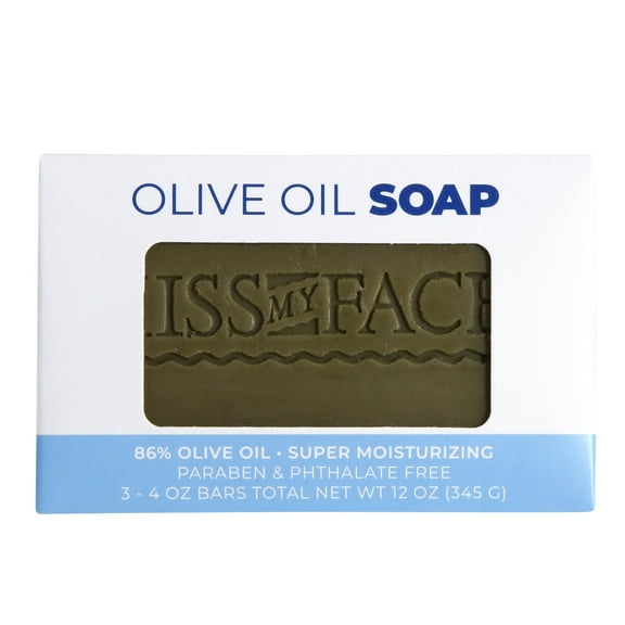 Kiss My Face Pure Olive Oil Bar Soap, Fragrance Free, 86% Olive Oil, Super Moisturizing, Made from Greek Olive Oil, 4 oz, 3 Pack