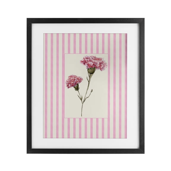 Pink Stripe Carnation Black Framed Print Under Glass, design by Lisa Wehmeyer
