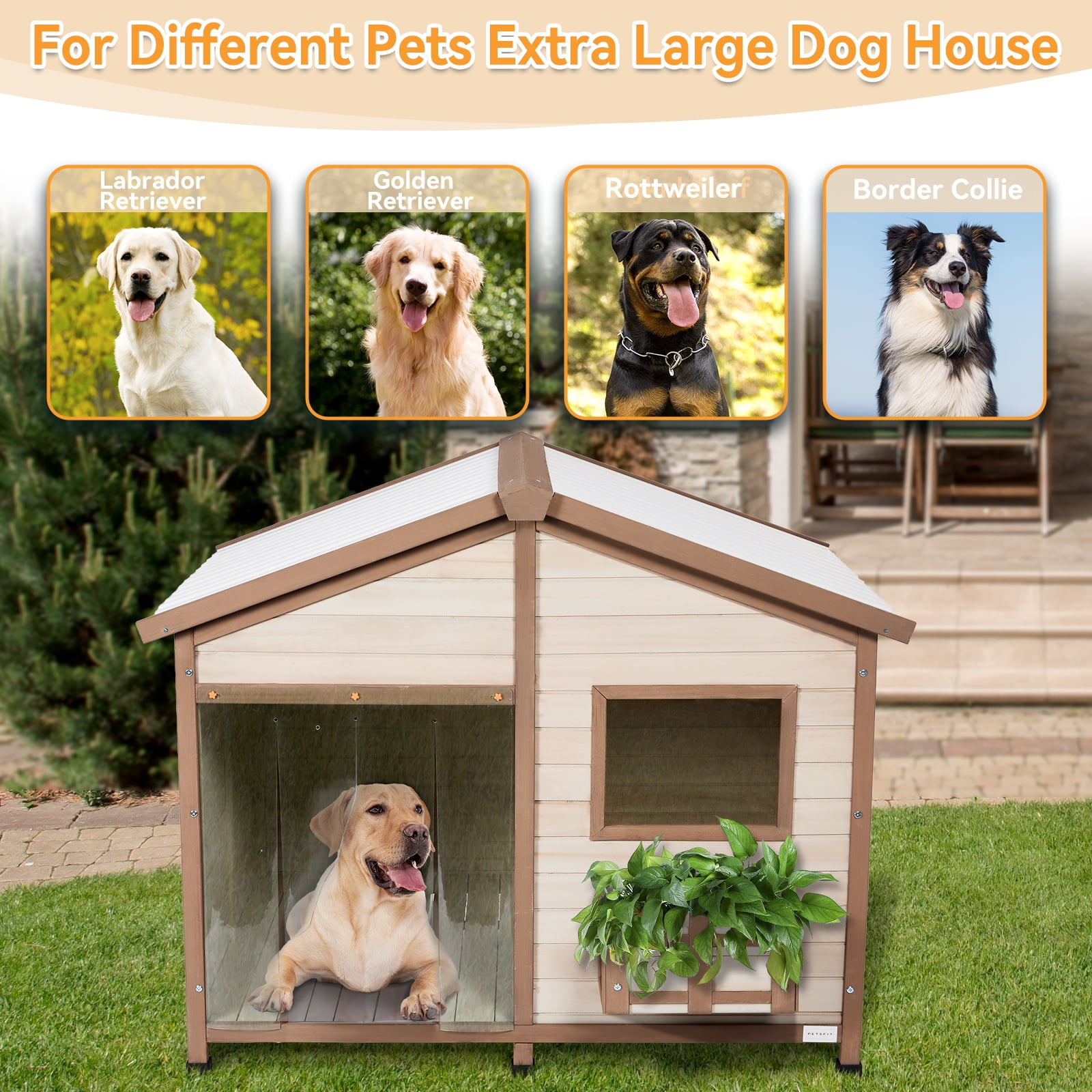 Petsfit 47" Dog House Outdoor with Waterproof PVC Roof, Extra Large Dog House for 2 Medium Dogs, Dog House Outdoor Large Breed, XXL Dog Houses with Window, Beige
