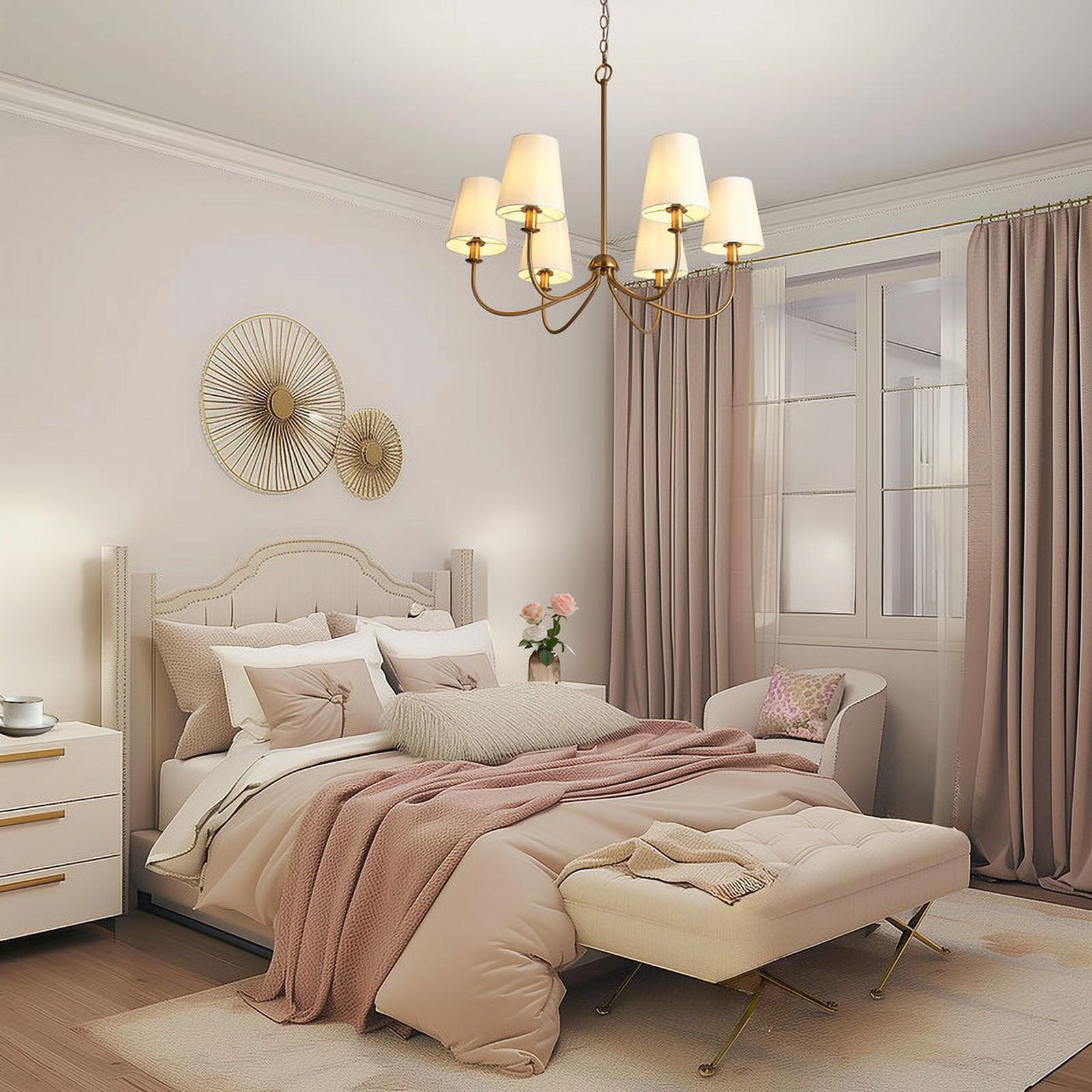 LNC 6-Light Gold and White Fabric Shade Candle Style Modern/Contemporary Chandelier