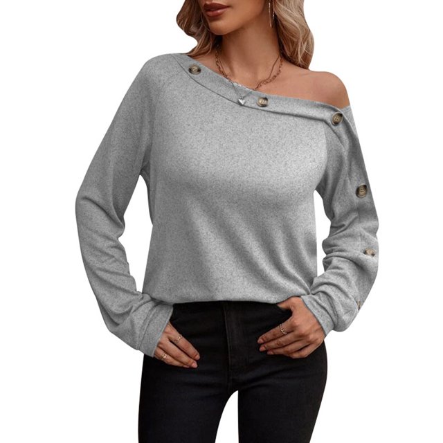 Jersey de mujer con hombros descubiertos, manga larga, Color puro, sudadera, blusa para otoño invierno, gris XL