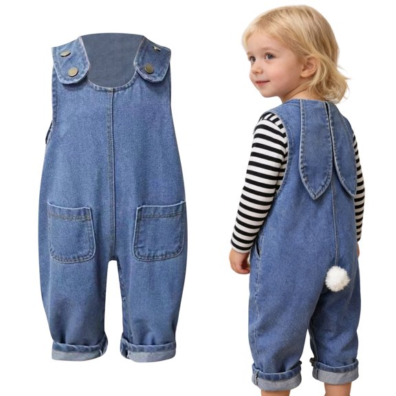 Little Girls Easter Outfits Denim Overall Pants Bunny Ear Romper with Pom Pom Tail Dungarees Easter Baby Girl 12-18 Months