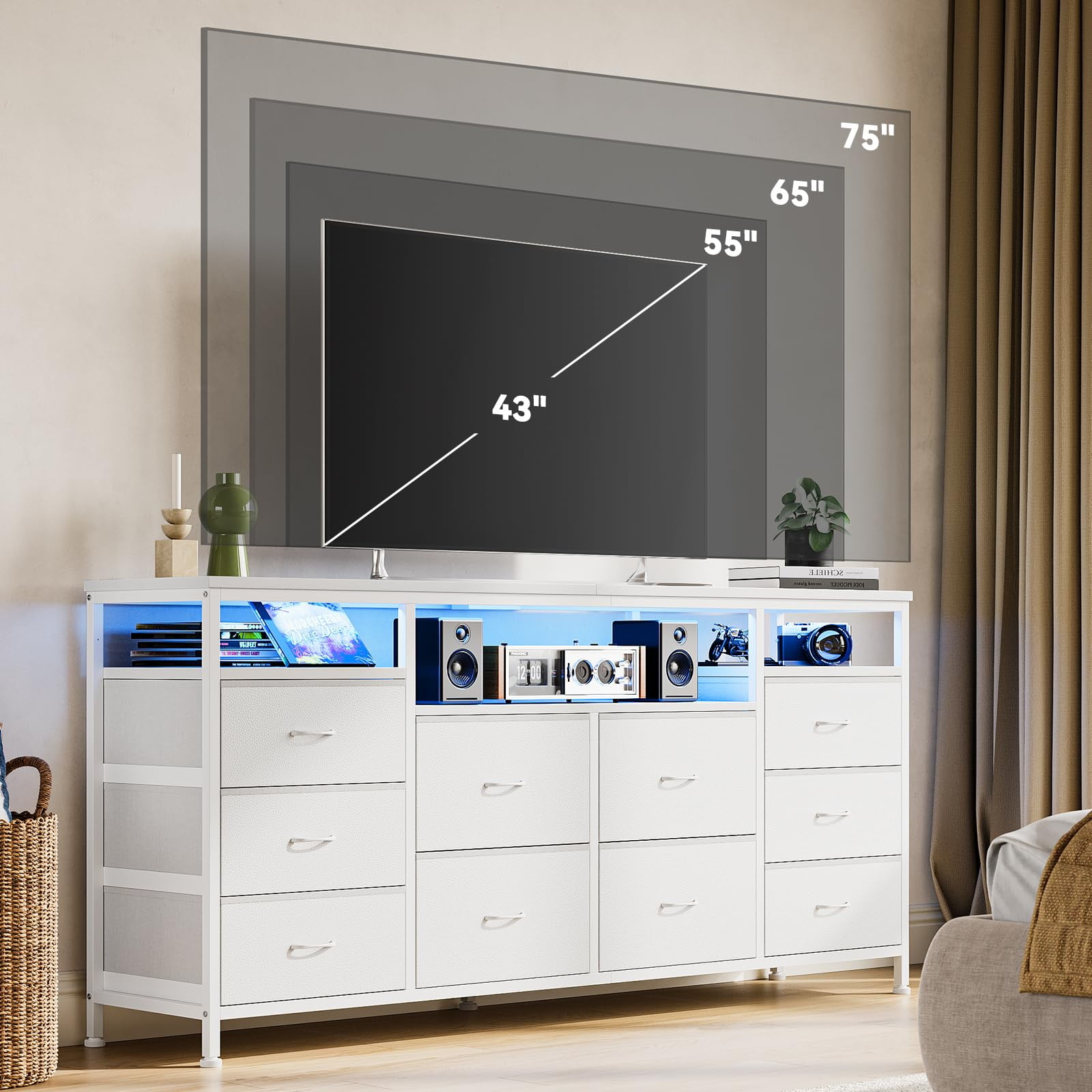 Kojooin 10 Drawer Dresser TV Stand for 65 70 75 Inch Tv, 63" W Long Fabric Dresser Entertainment Center, Chest of Drawers for Bedroom with Led Lights & Power Outlets
