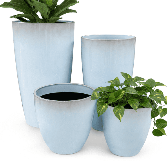 FIASON 4 Pack 24/21/12/10 Inch Tall Planters, Glossy Light Blue Speckled Faux White Ceramic Pots with Dual-Use Tray, Drainage Holes & Filter Screens, Indoor Outdoor Patio Porch Decor