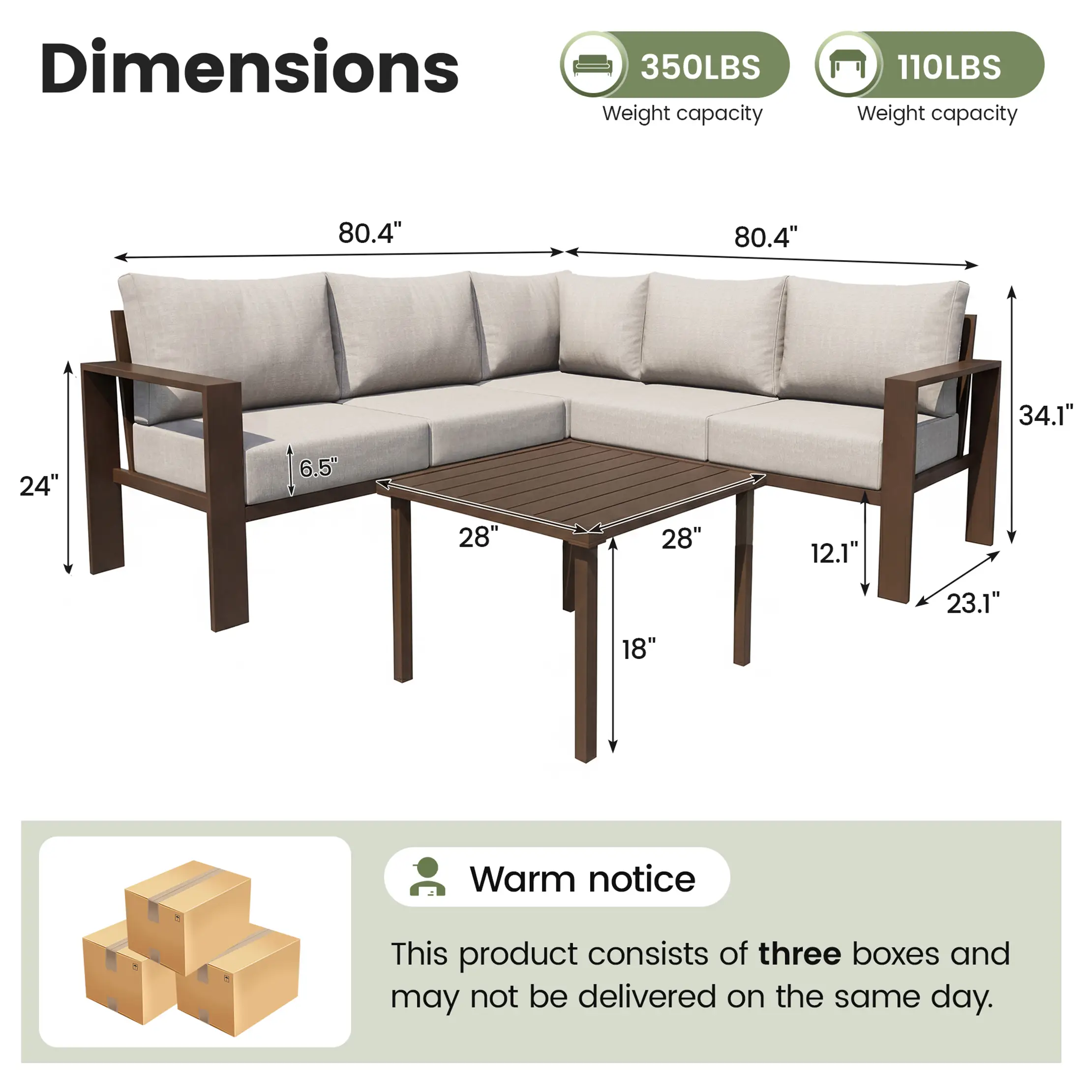 Poteban 6-Piece L-Shaped Outdoor Conversation  Set, Metal Sectional Sofa with 6" Thick Olefin Cushions, Wide Armrests & Coffee Table, Beige for Garden Backyard