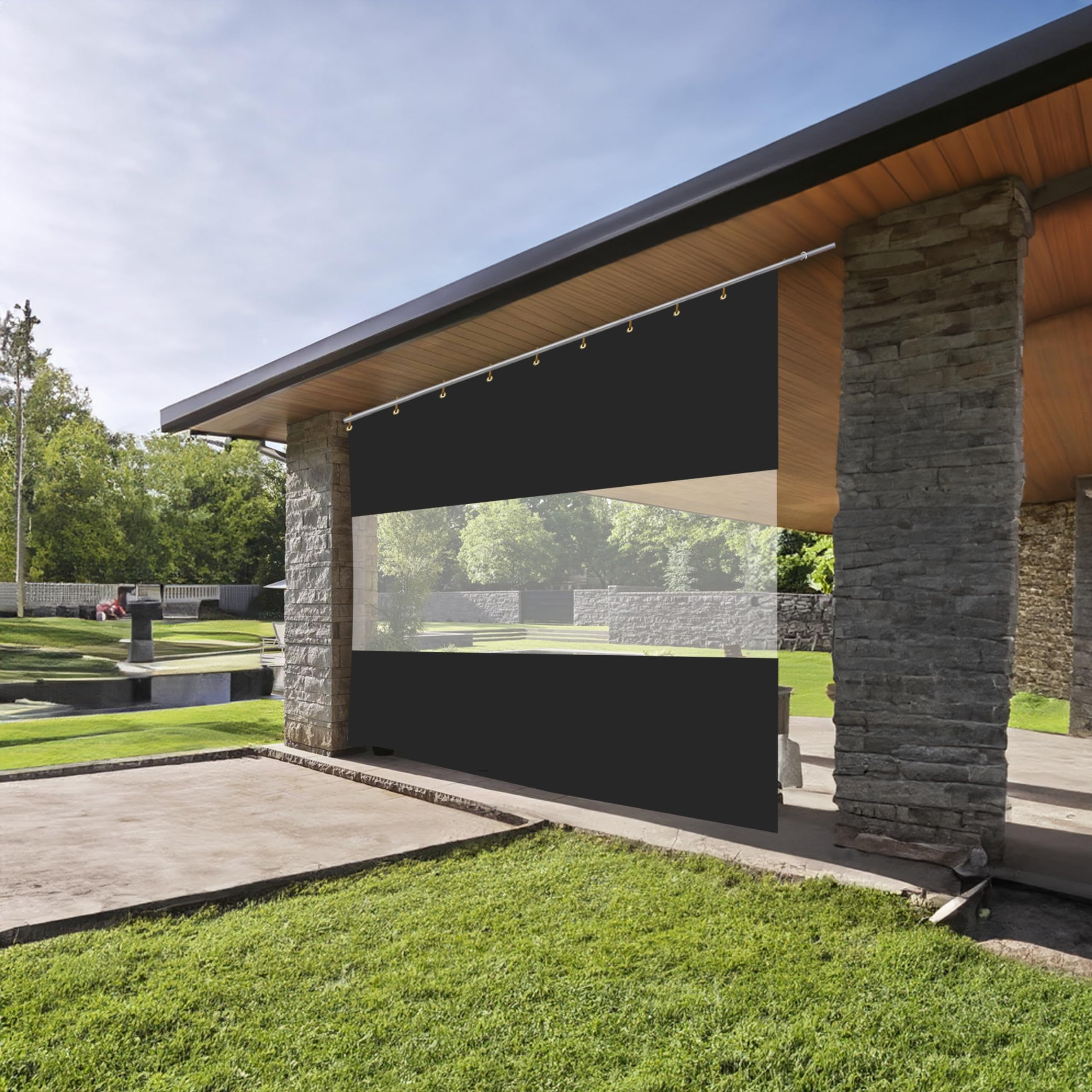 Covers & All Clear Panel Curtain, 18 Oz Outdoor Curtain for Patio Waterproof & UV Resistant, Featuring Rust-Free Grommets. Ideal for Patios, Pergolas, Porches, Gazebos, (7' H X 12' W Feet, Black)