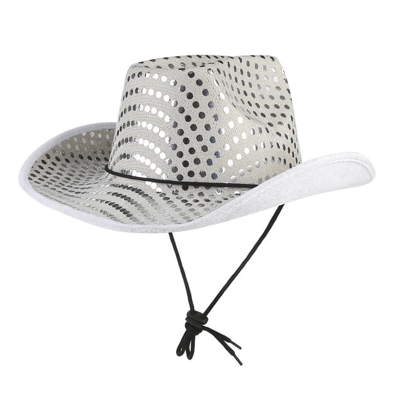 Floleo Male Female Style Sequin Cowboy Hat Sparkly Glitter Western Party Hat Disco Rave Sun Hat Adjustable Breathable Outdoor Hat(White,M)
