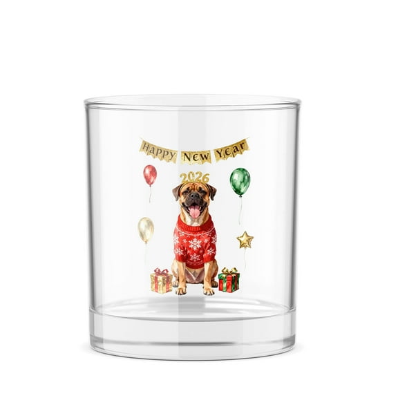 Happy New Year 2026 Bullmastiff Holiday Balloons Party Snow 11oz Whiskey Glass Mug Dog Lover Whiskey Cocktail Glasses Cup - 13018