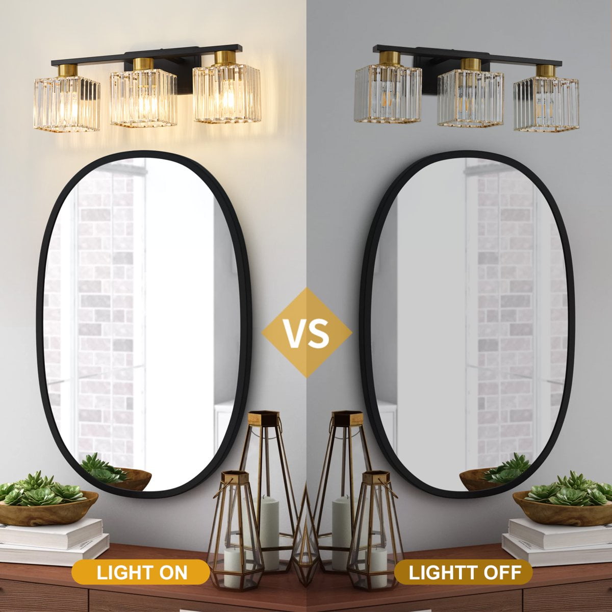 Deyidn Modern Bathroom Vanity Light 3-Lights Modern Black Gold Brushed Brass Finish Crystal Bathroom Wall Light Bathroom Vanity Light Fixtures