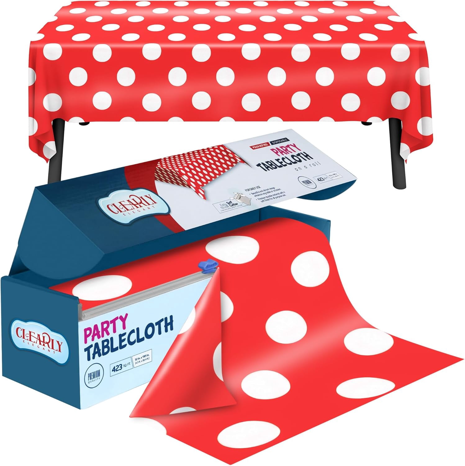 RED with White Polka Dot Plastic Disposable Tablecloth Roll - Rectangle Table Covering Roll for Birthday Party, Baby Shower, Mickey Minnie Theme, Holiday Decor, Wedding [Fits10-12 Tables]