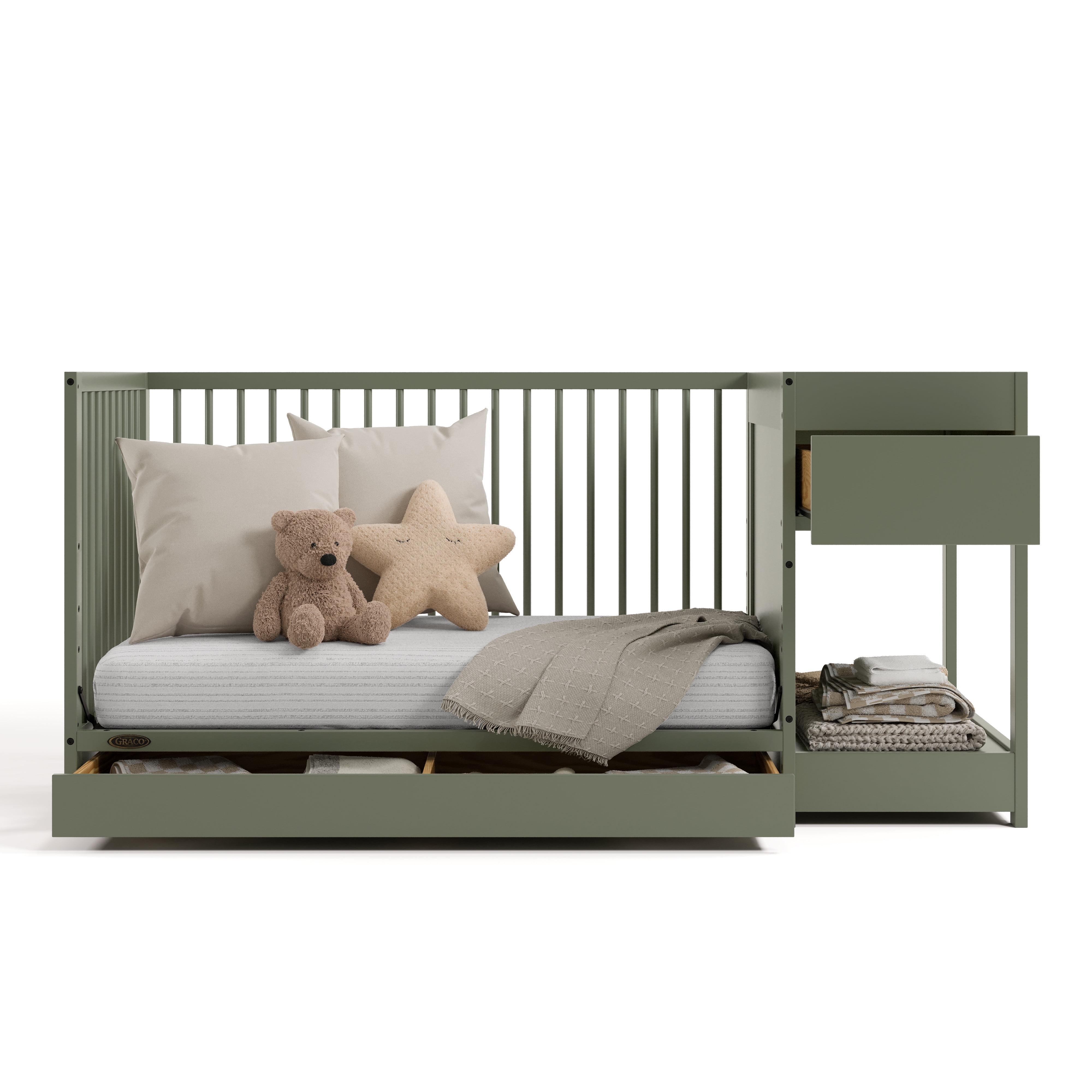 Graco Teddi 5-in-1 Convertible Baby Crib and Changer with Drawer, Olive
