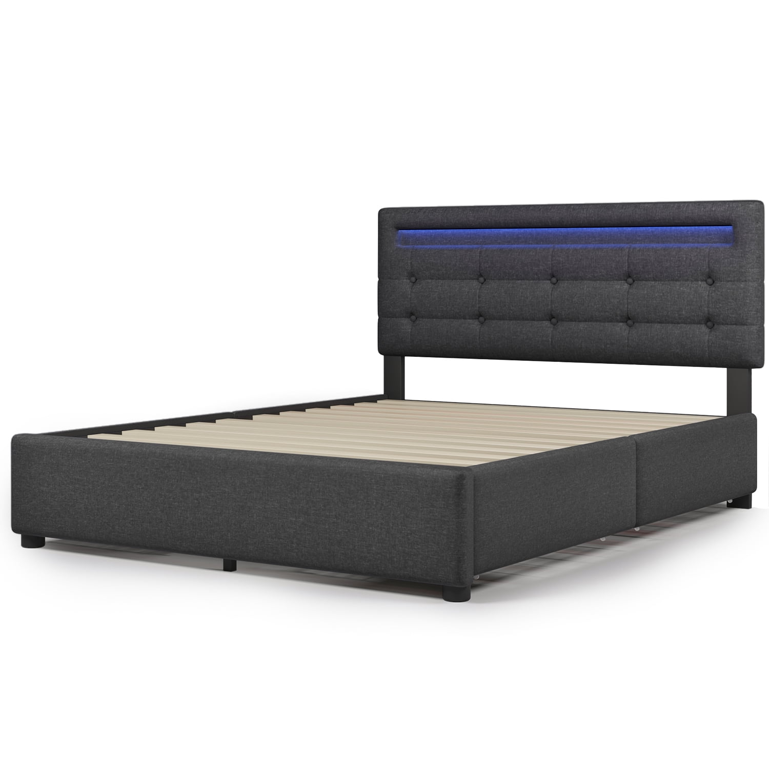 Kadyn Bed Frame Full Size, Upholstered Platform Bed Frame with 4 Storage Drawers and LED Lights & Adjustable Headboard,No Box Spring Needed,Grey