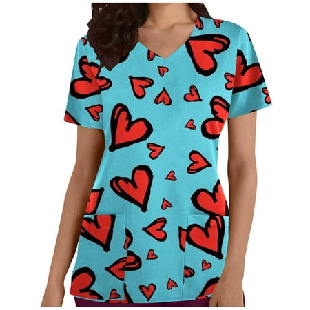 

Yyeselk Women Scrub Tops Cute Heart Print Nurse Working Uniforms Short Sleeve V-Neck Shirts Tee Tops with Pockets Workwear Nursing Blouses Pullover T-Shirts Tshirts Tee Shirt Blue L
