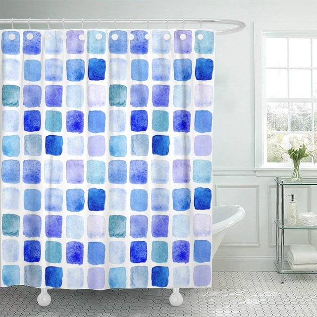 Cortina de Ducha ABPHQTO Patrón de Acuarela Sucia Verde Mosaico Azul Amarillo 150x180 cm