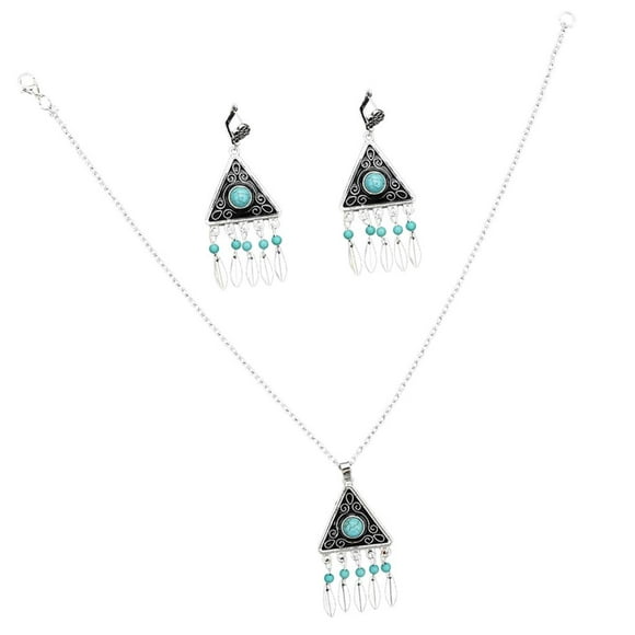 Fashion Retro Women Jewelry Set Bohemian Alloy Tassel Pendants Necklace And Earrings Blue