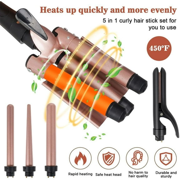 5 in 1 Wand Hair Curling Iron Curling Wand Set with Flat Iron Hair Straightener, 3 Barrels Hair Crimper, 3 Ceramic Curling Irons (0.35"-1.25"), 2 Temps Fast Heat Hair Waver Curler with Glove & Clip