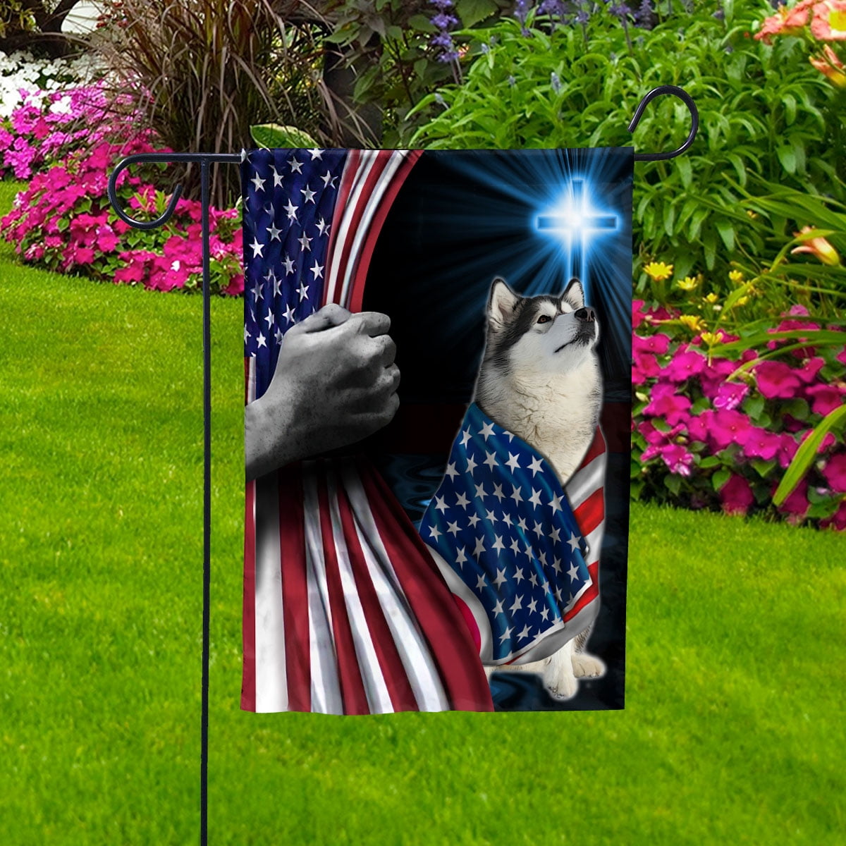 Hand Pulling USA Flag Alaska Dog Wearing Flag American Standing under Cross Christian Patriotic House Flag (3x5) Double Sided- Premium Polyester-Decorative Indoor Outdoor Flag