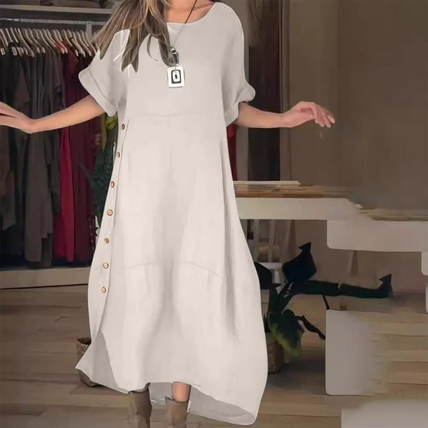 Puntoco Vestido De Manga Corta Con Cuello En V, Vestido Suelto Casual De Algodón Y Lino De Manga Corta Reversible De Color Sólido Para Mujer Beige M