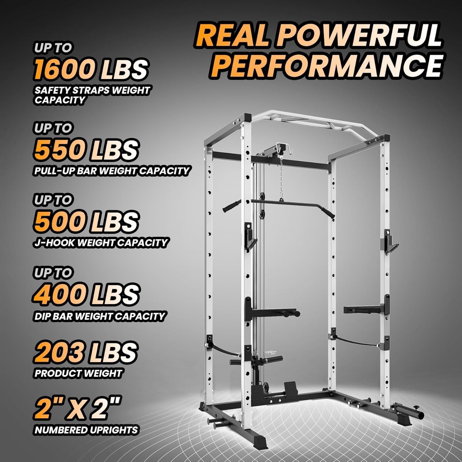 Hetoy 1600 Lbs Power Rack for Home Gym Squat Rack with Cable Pulley System & LAT Pull Down Workout Cage Strength Training Weight Cage with Dip Bar & J Hooks for Multiple Exercises,White