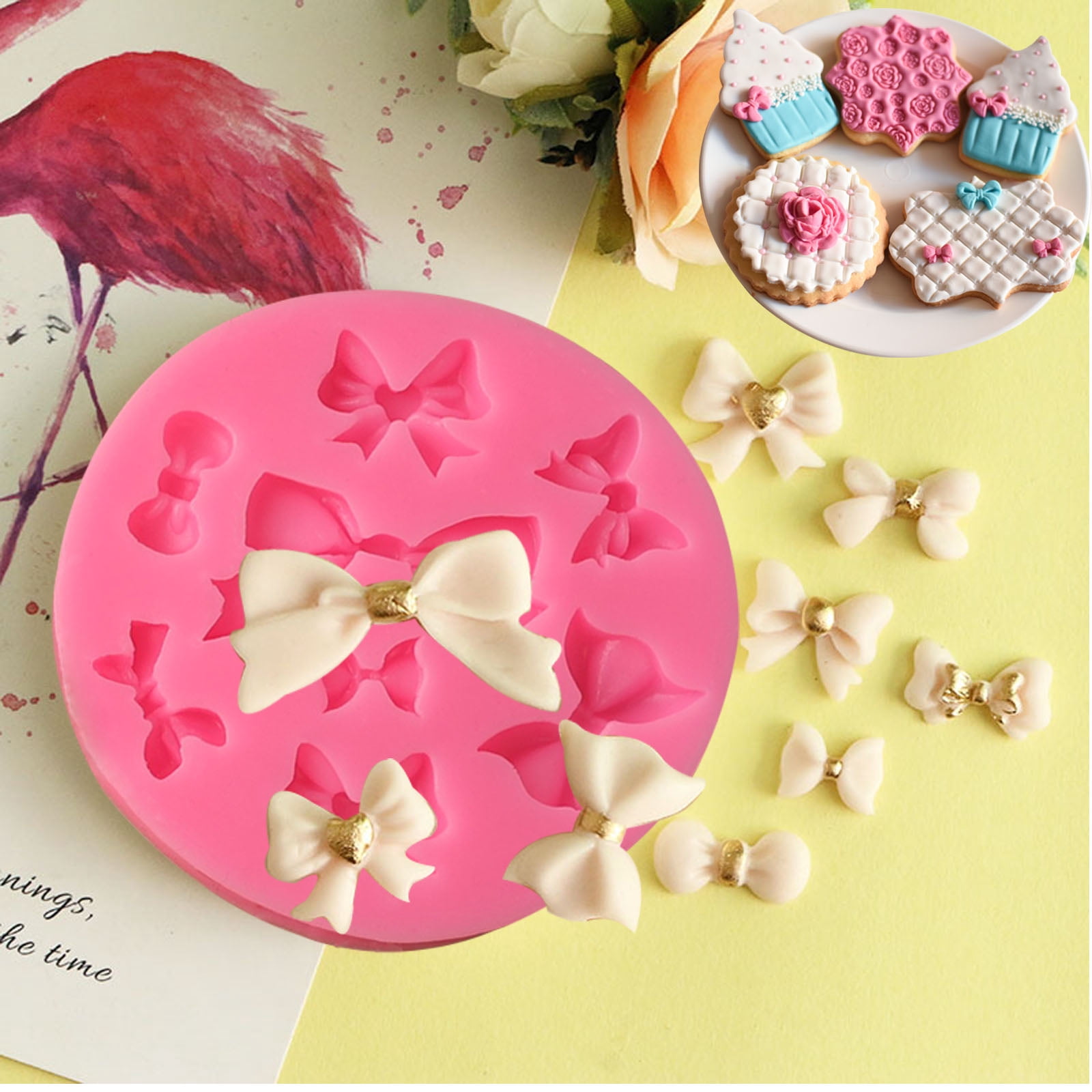 Flower Silicone Mold 7 Pack Rose Mold Flower Cake Fondant Mold Butterfly Mini Bow Mold for Cupcake, Chocolate Mini Muffins and Candy Making