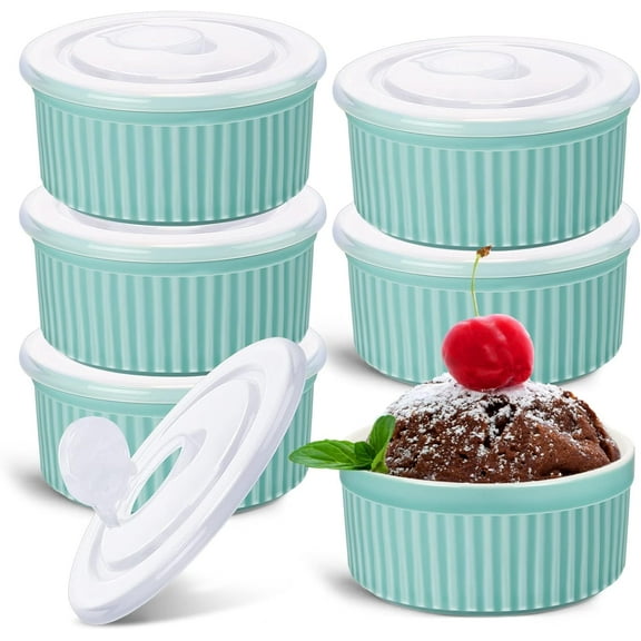 6 Sets Porcelain Ramekins with Lids 8 Oz Oven Safe Creme Brulee Souffle Ramekins with Covers for Oven Stackable Ceramic Bowl with Lid Baking Dishes Cups for Baking(Blue)