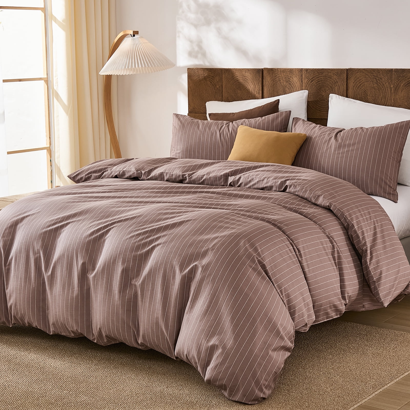 Brown Striped Duvet Cover Set Queen Size, 100% Natural Cotton Linen Like Duvet Cover Set with Zipper Closure & 8 Corner Ties, Brown Khaki Soft Reversible Bedding for All Seasons